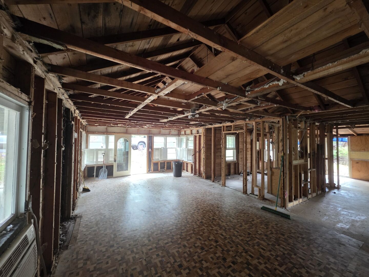 Interior framing exposed during selective demolition